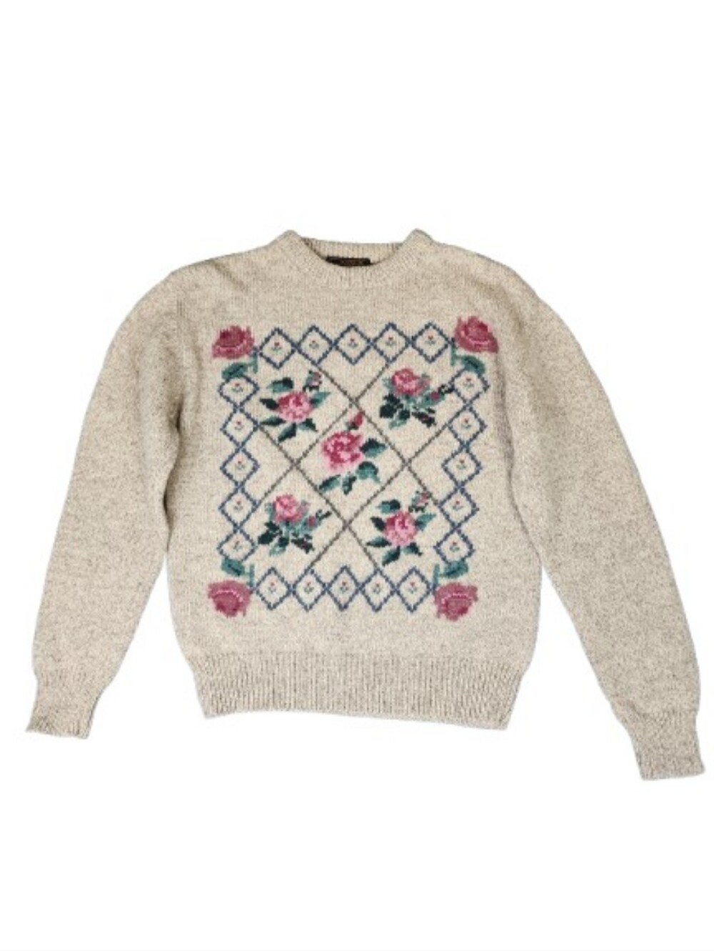 Eddie Bauer Cream Wool Floral Pattern Crewneck Sweater Retro Style Vintage Look